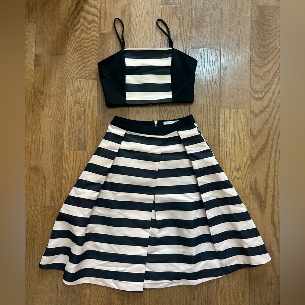 Black & Tan Striped Crop Top & Skirt Set